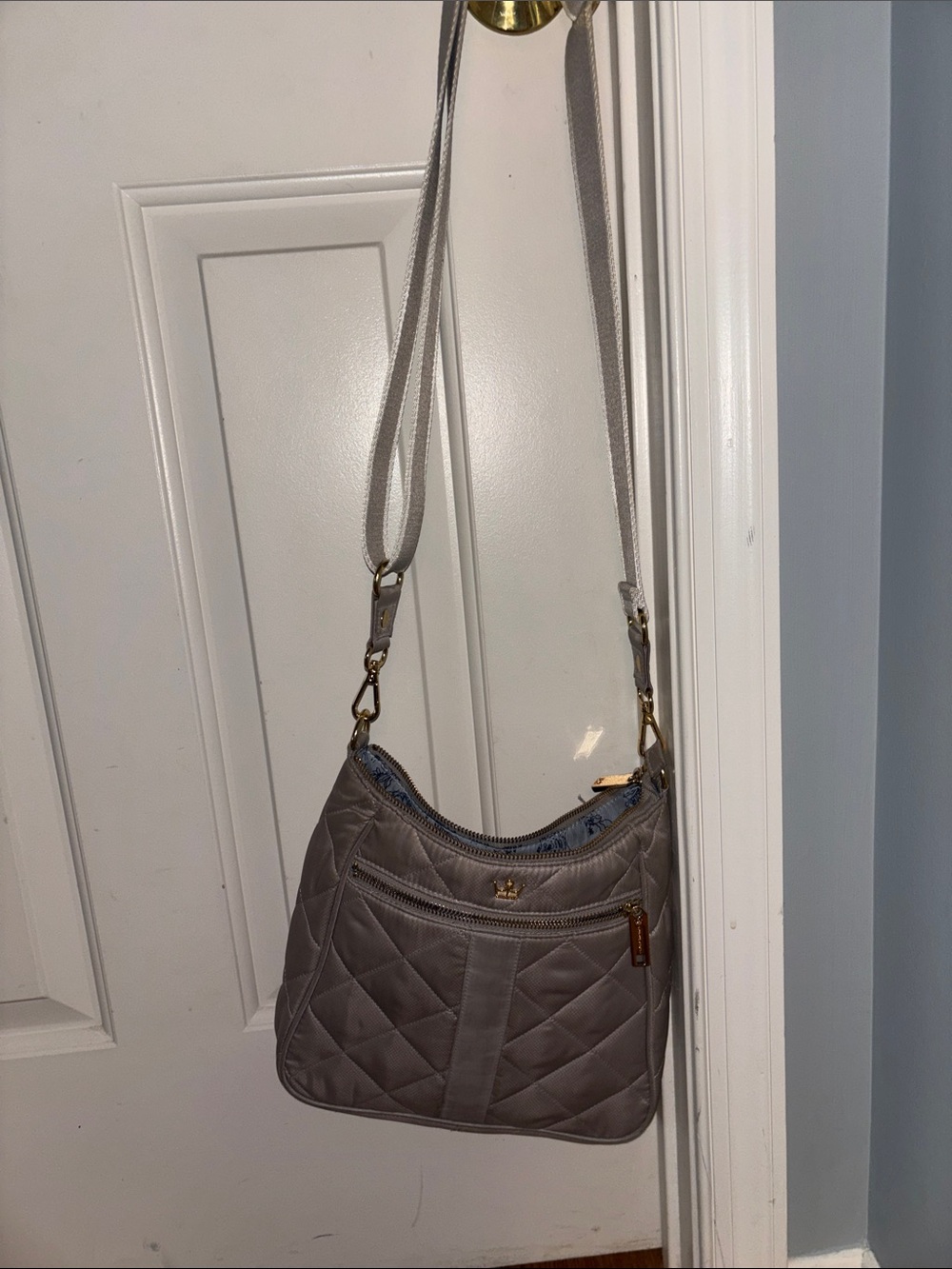 Oliver Thomas Quilted Taupe Shoulder Crossbody Bag with Gold Accents